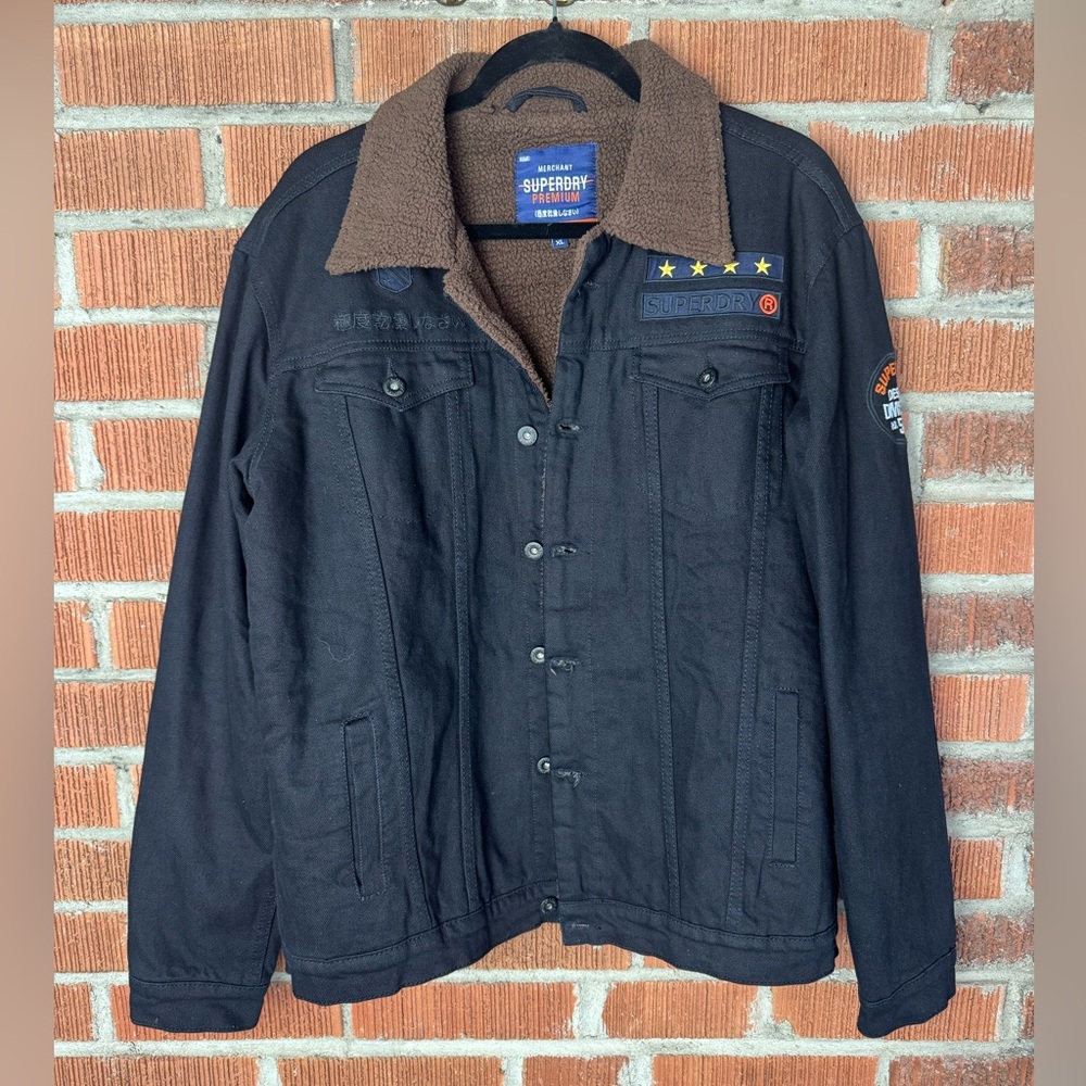 Y2K Superdry Men's Black Denim Bomber Style Jacket with Brown Sherpa Lining